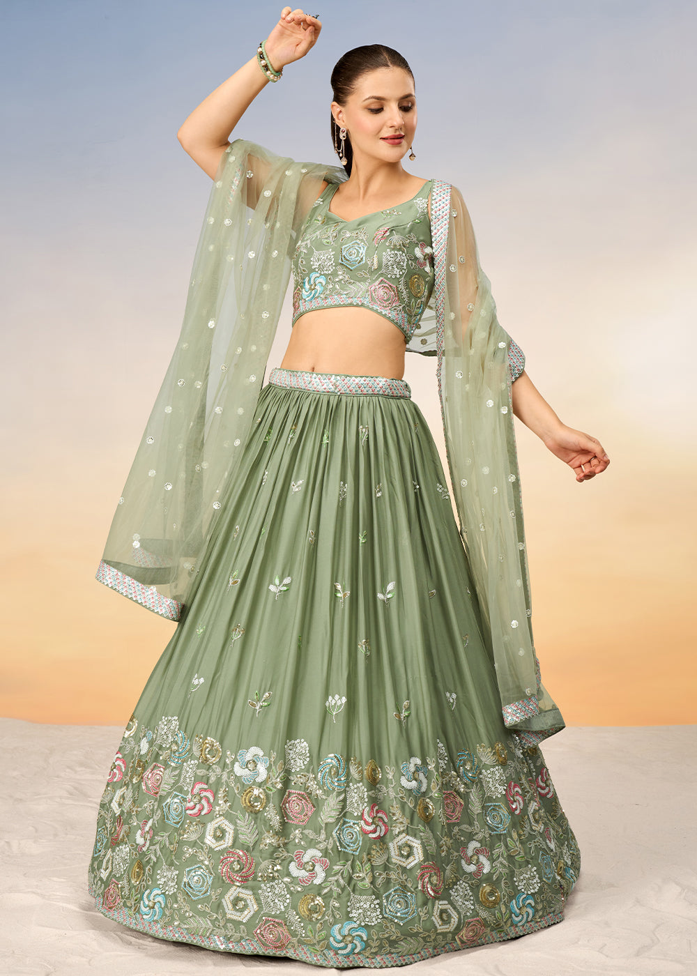 Lime Green Georgette Lehenga Choli with Sequins work