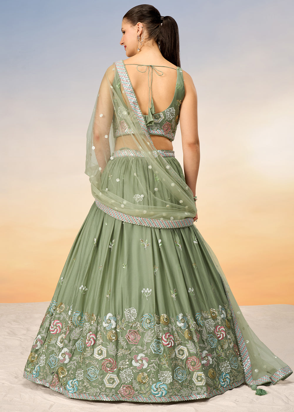 Lime Green Georgette Lehenga Choli with Sequins work