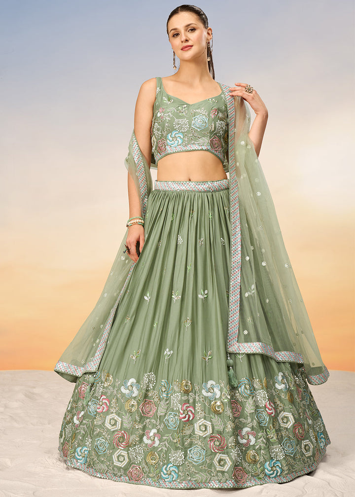 Lime Green Georgette Lehenga Choli with Sequins work