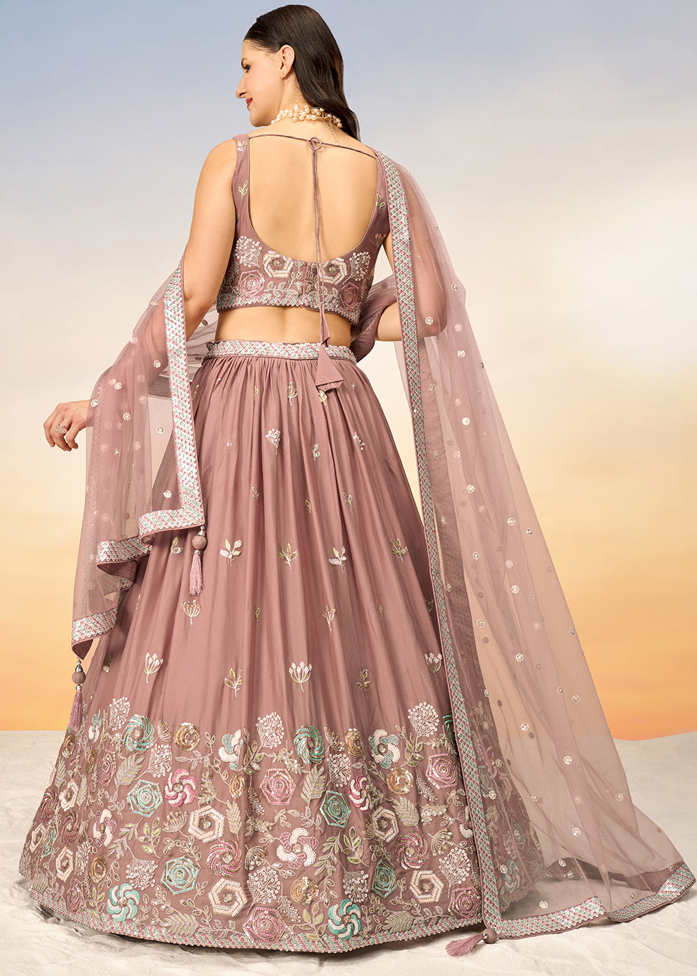 Dark Rose Gold Pink Georgette Lehenga Choli with Sequins work