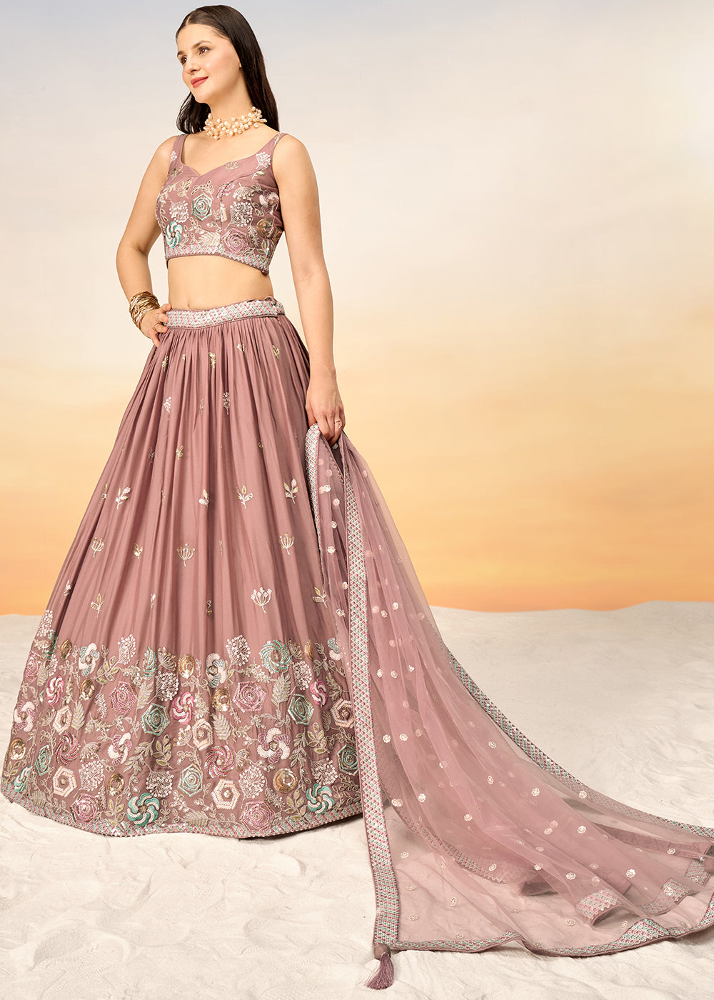 Dark Rose Gold Pink Georgette Lehenga Choli with Sequins work