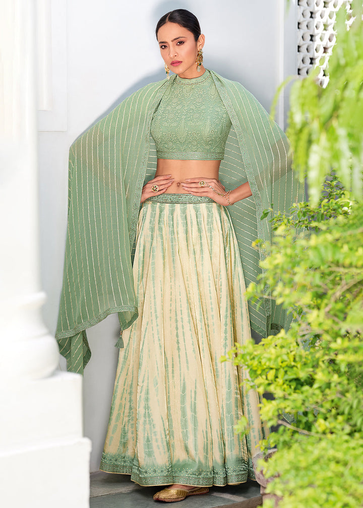 White & Green Digitally Printed Gaji Silk Lehenga with Chikankari work Blouse