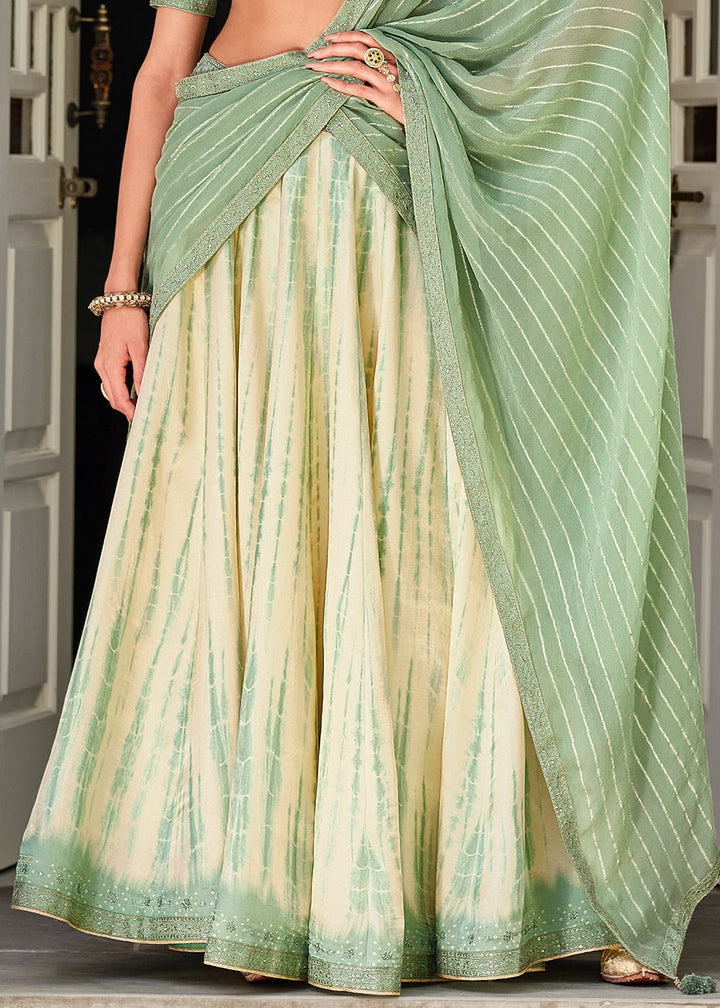 White & Green Digitally Printed Gaji Silk Lehenga with Chikankari work Blouse