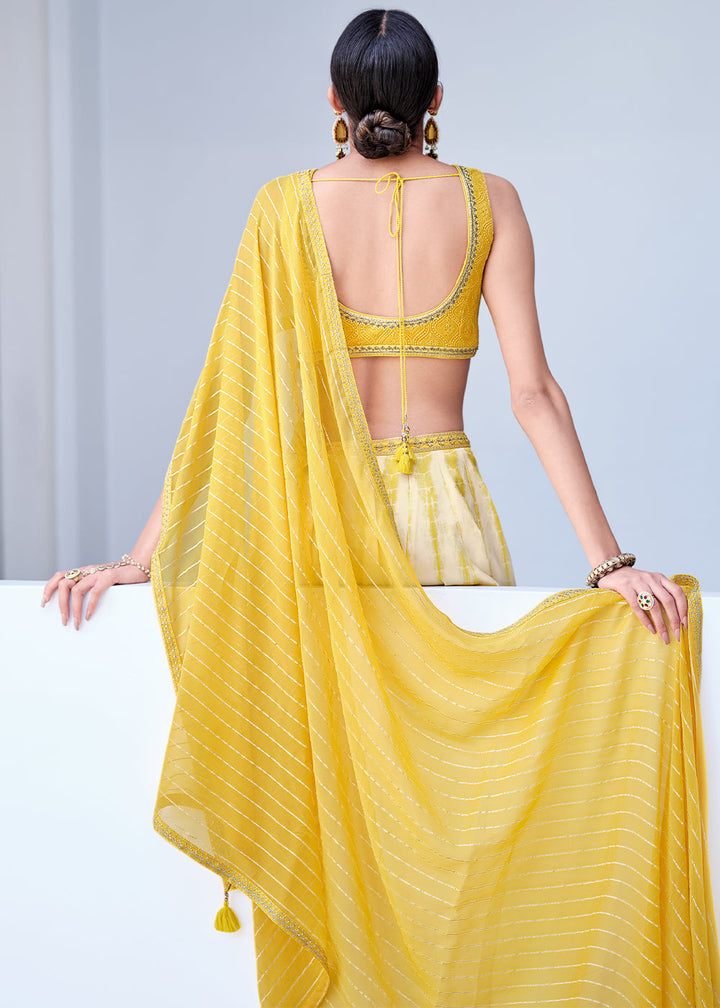 White & Yellow Digitally Printed Gaji Silk Lehenga with Chikankari work Blouse