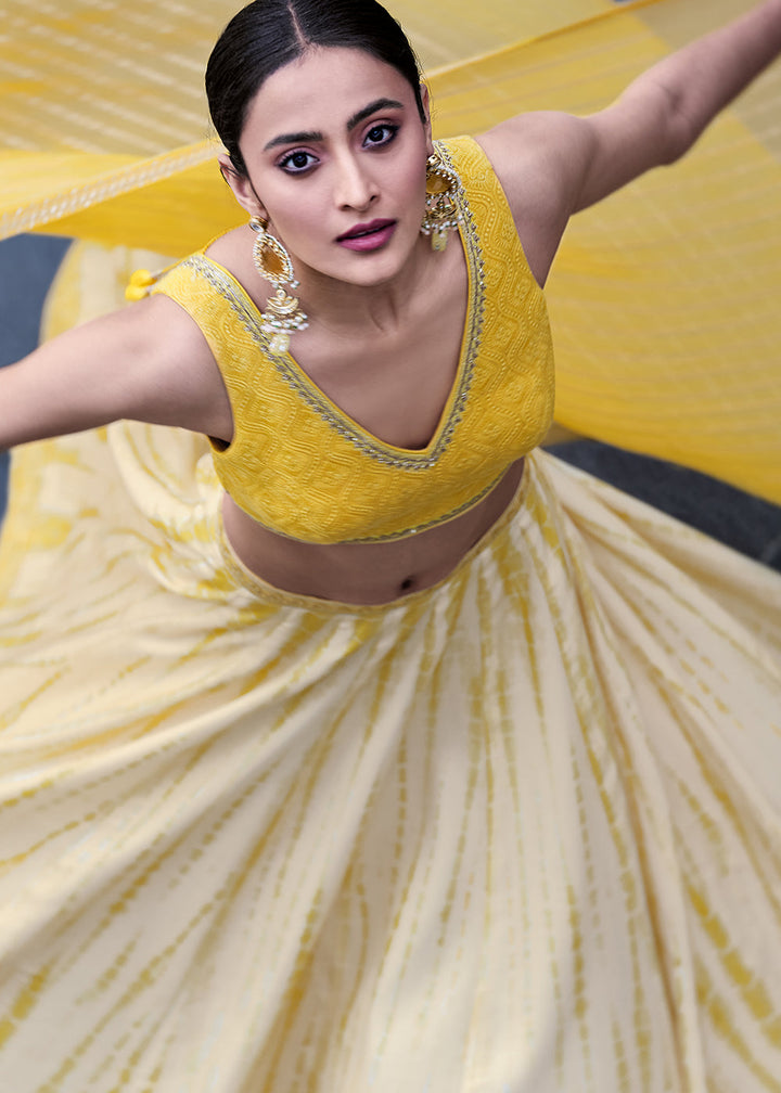 White & Yellow Digitally Printed Gaji Silk Lehenga with Chikankari work Blouse