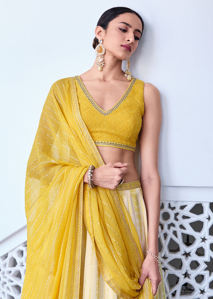 White & Yellow Digitally Printed Gaji Silk Lehenga with Chikankari work Blouse