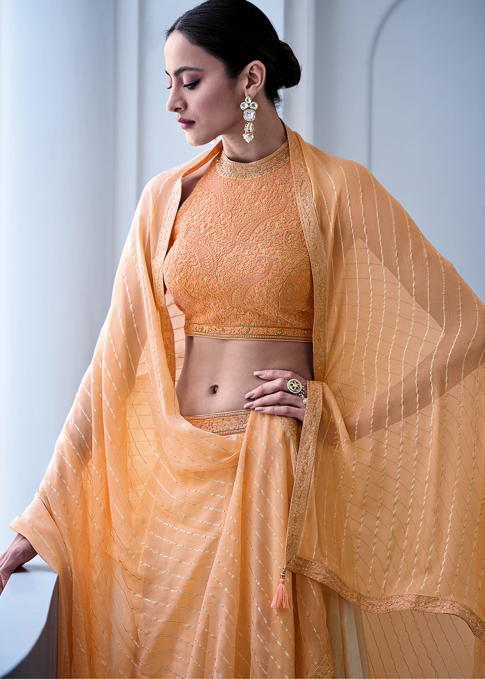 White & Orange Digitally Printed Gaji Silk Lehenga with Chikankari work Blouse