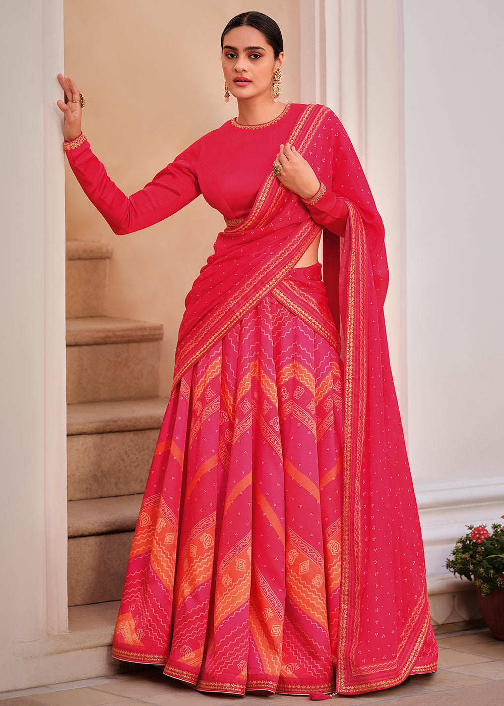 Shades Of Pink Digitally Printed Gaji Silk Lehenga with Borders & Belt Embroidery