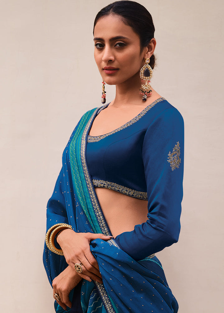 Shades Of Blue Digitally Printed Gaji Silk Lehenga with Borders & Belt Embroidery