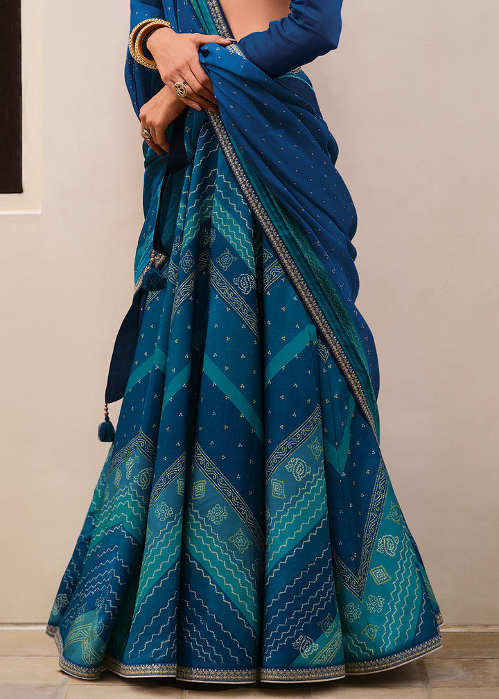 Shades Of Blue Digitally Printed Gaji Silk Lehenga with Borders & Belt Embroidery