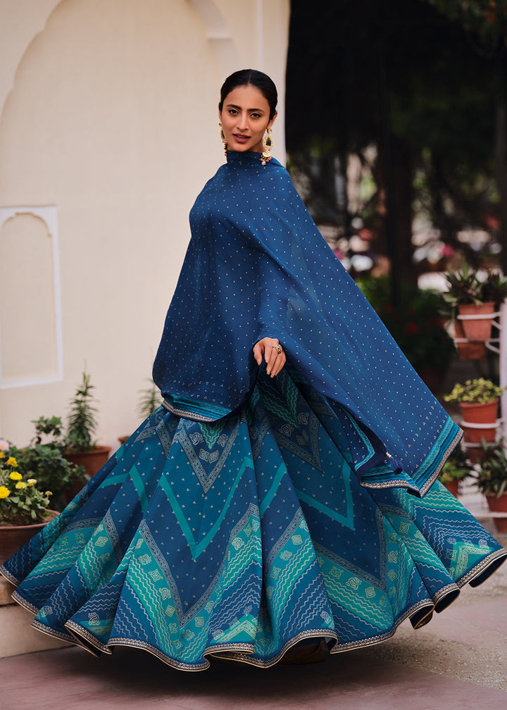 Shades Of Blue Digitally Printed Gaji Silk Lehenga with Borders & Belt Embroidery