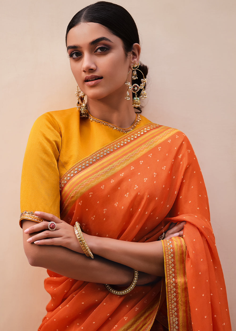 Yellow & Orange Digitally Printed Gaji Silk Lehenga with Borders & Belt Embroidery