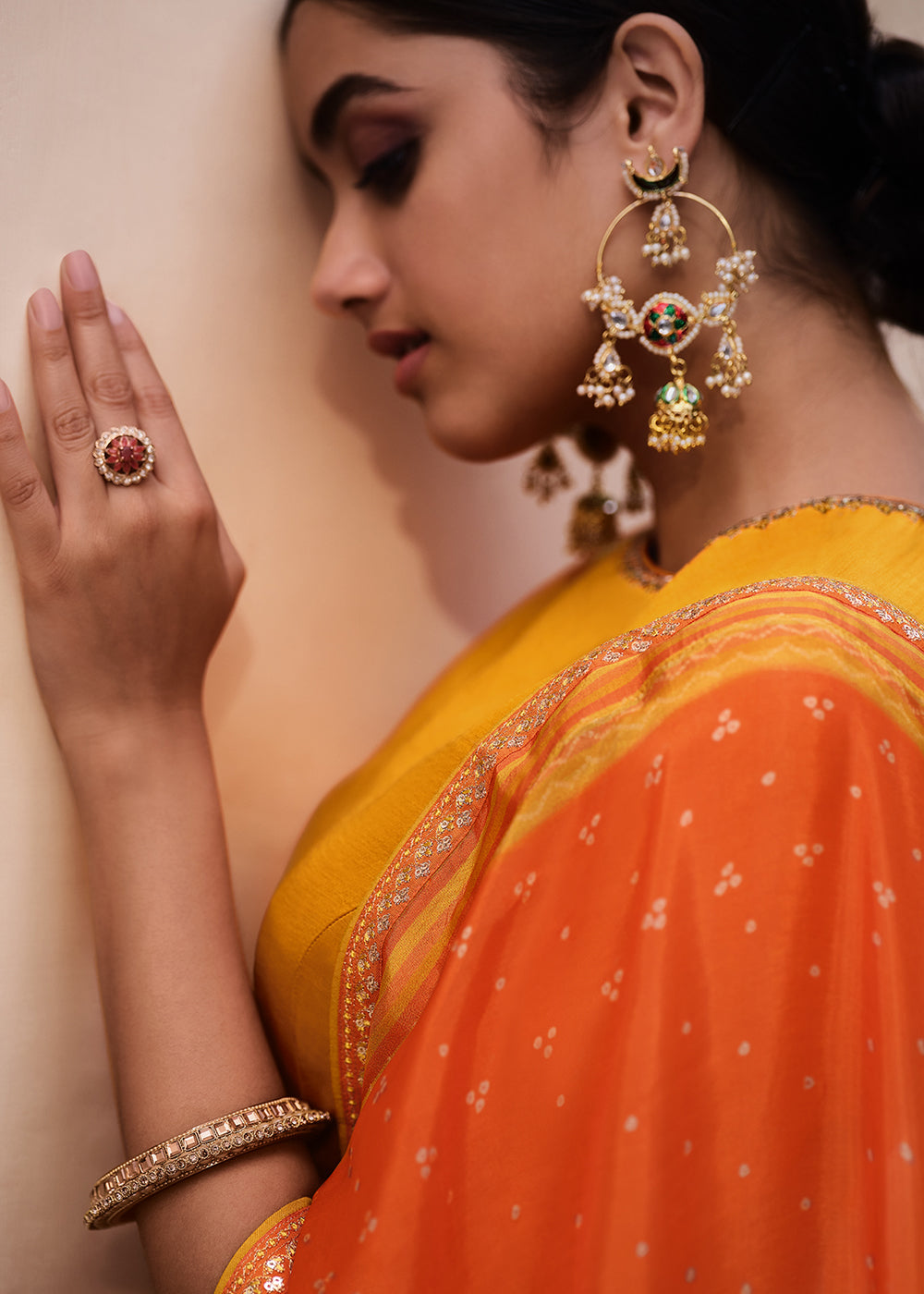 Yellow & Orange Digitally Printed Gaji Silk Lehenga with Borders & Belt Embroidery