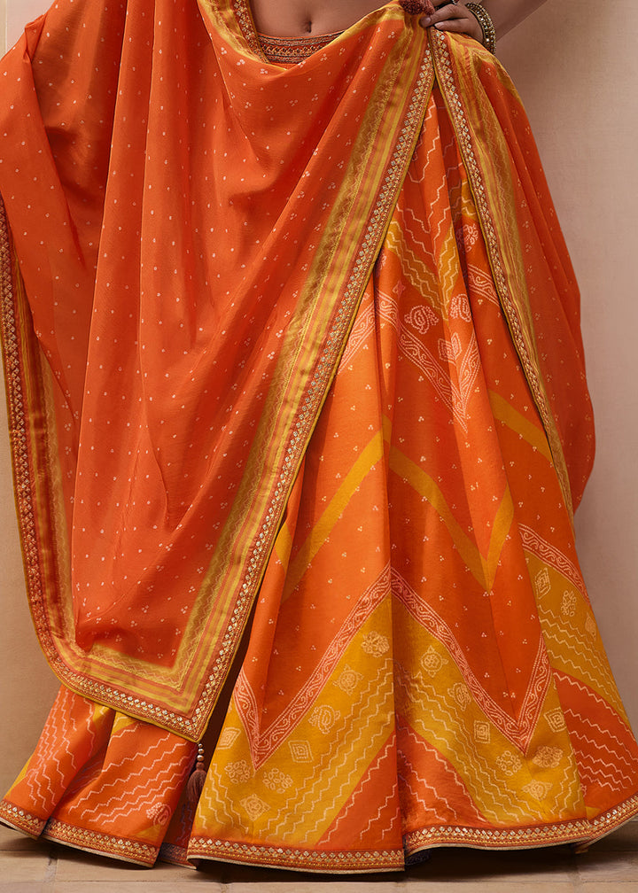 Yellow & Orange Digitally Printed Gaji Silk Lehenga with Borders & Belt Embroidery