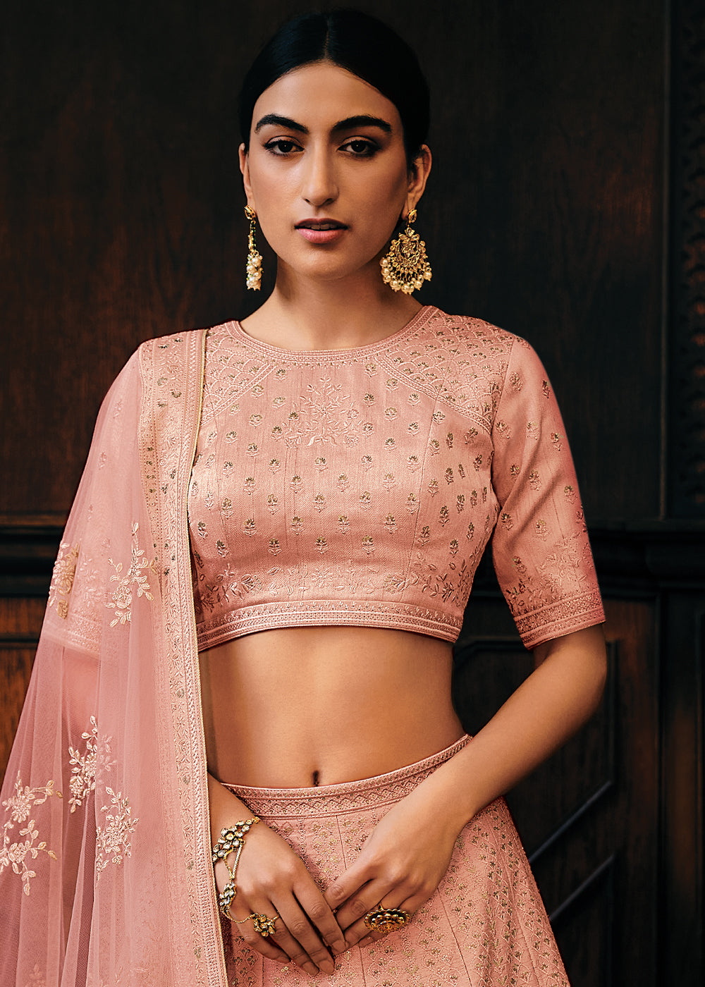 Pinkish Orange Raw Silk Lehenga Choli with Embroidery Work