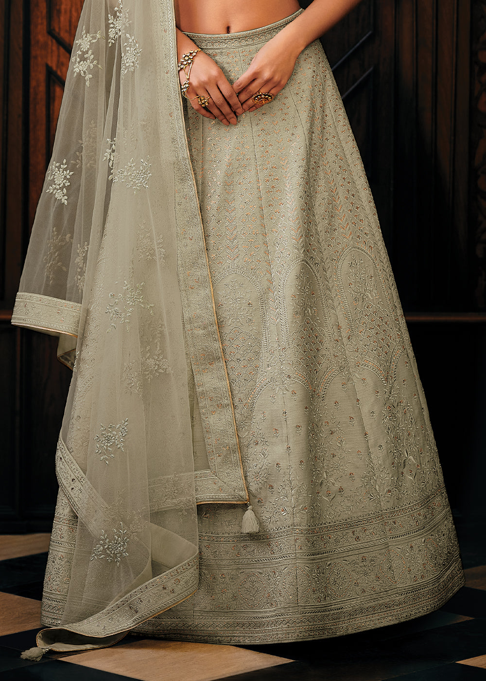 Trout Grey Raw Silk Lehenga Choli with Embroidery Work