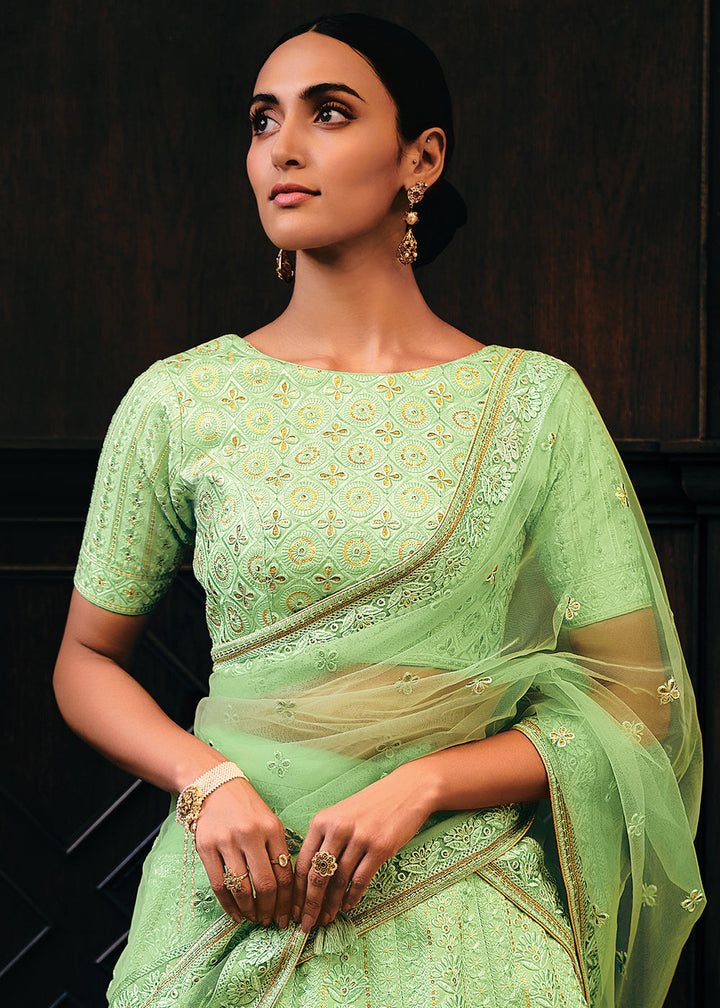 Screamin Green Raw Silk Lehenga Choli with Embroidery Work