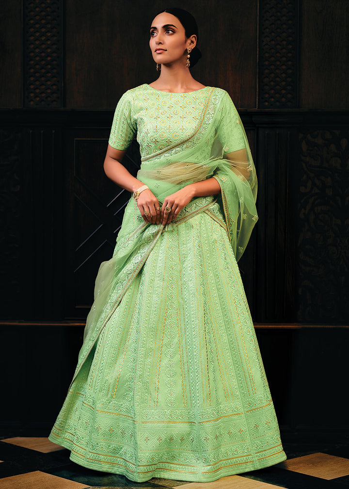 Screamin Green Raw Silk Lehenga Choli with Embroidery Work