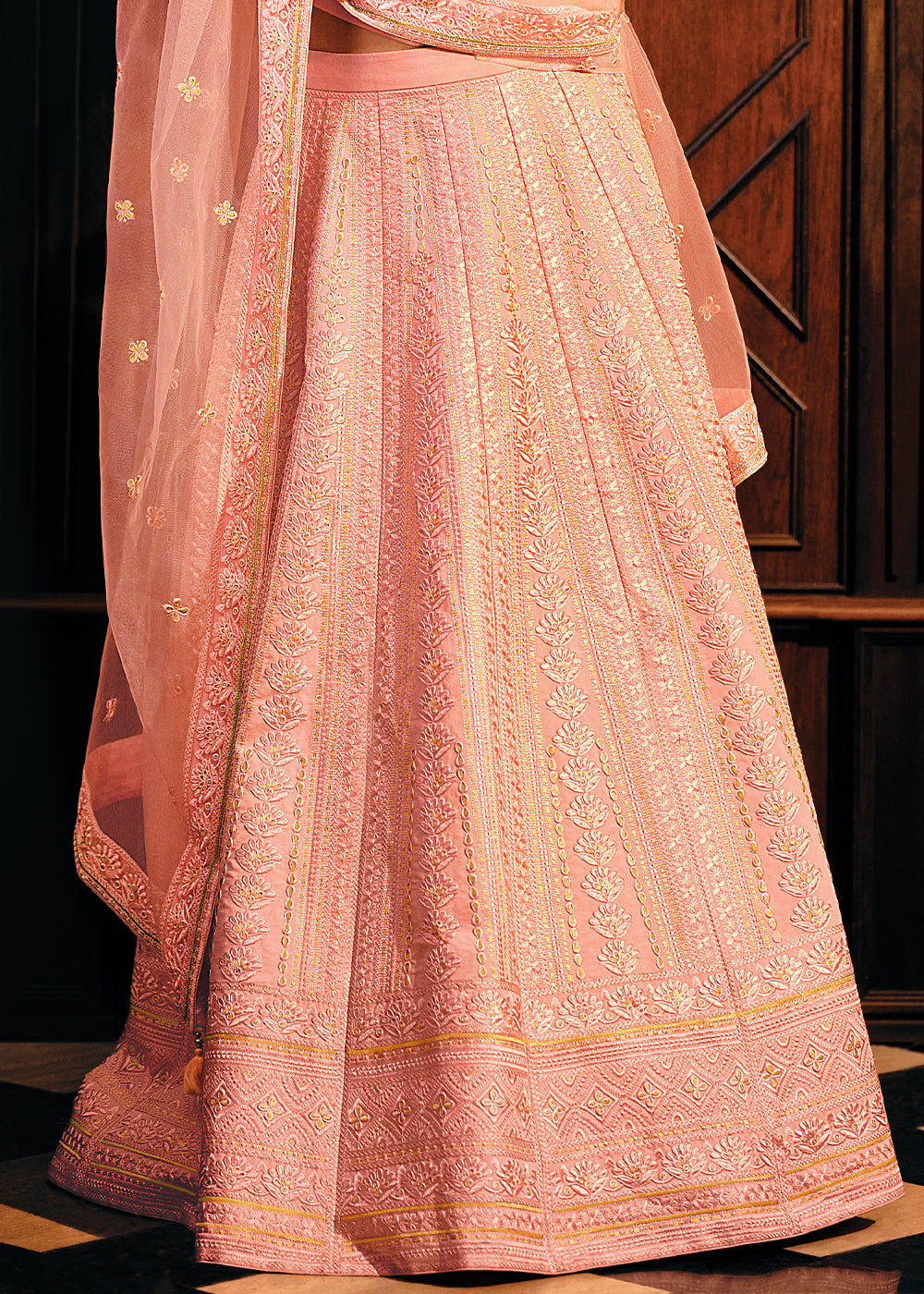 Salmon Pink Raw Silk Lehenga Choli with Embroidery Work