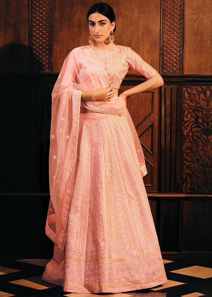 Salmon Pink Raw Silk Lehenga Choli with Embroidery Work