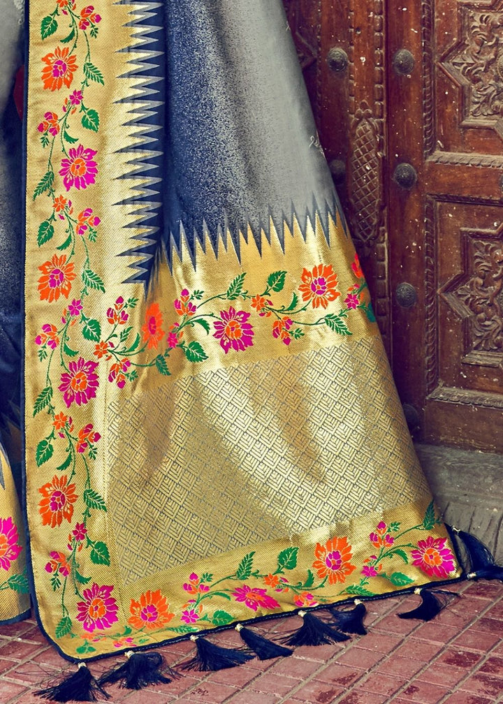 Grey and Blue Banarasi Silk Saree with Floral Motif Border