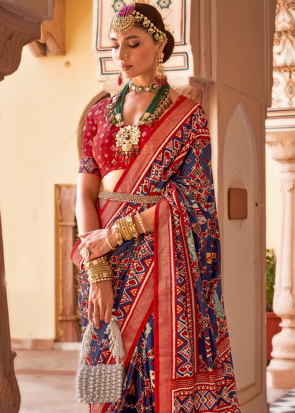 Blue & Red Printed Patola Silk Saree: Top Pick