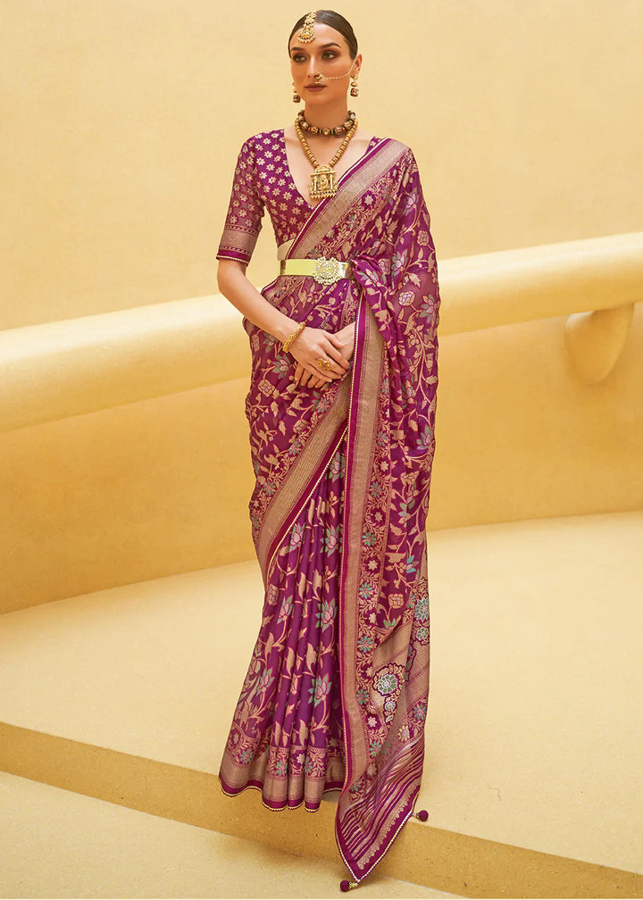 Tyrian Purple Zari Woven Brasso Organza Silk Saree