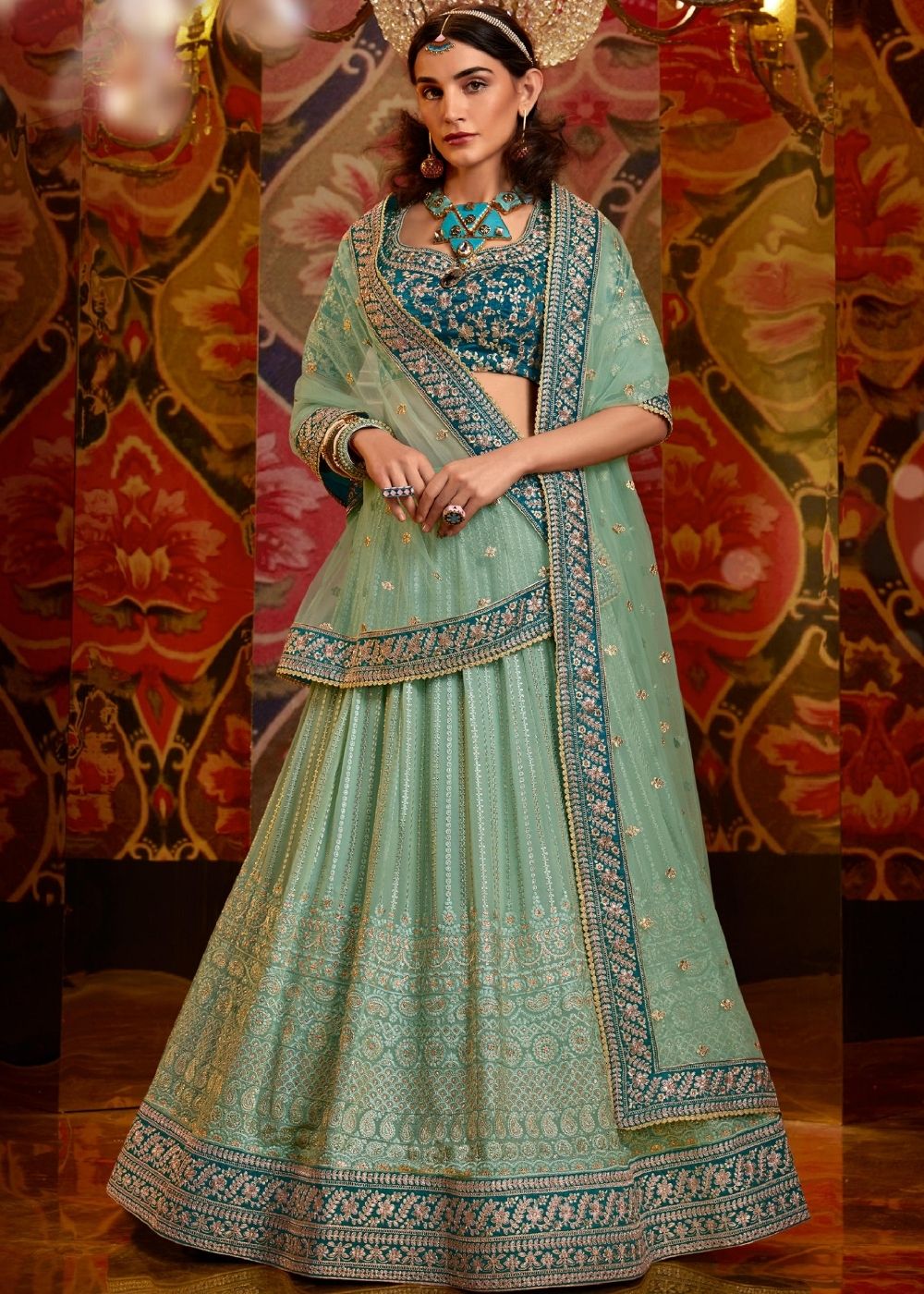 Pista Georgette Lehenga with Zari and Sequins work – Ethnos Global