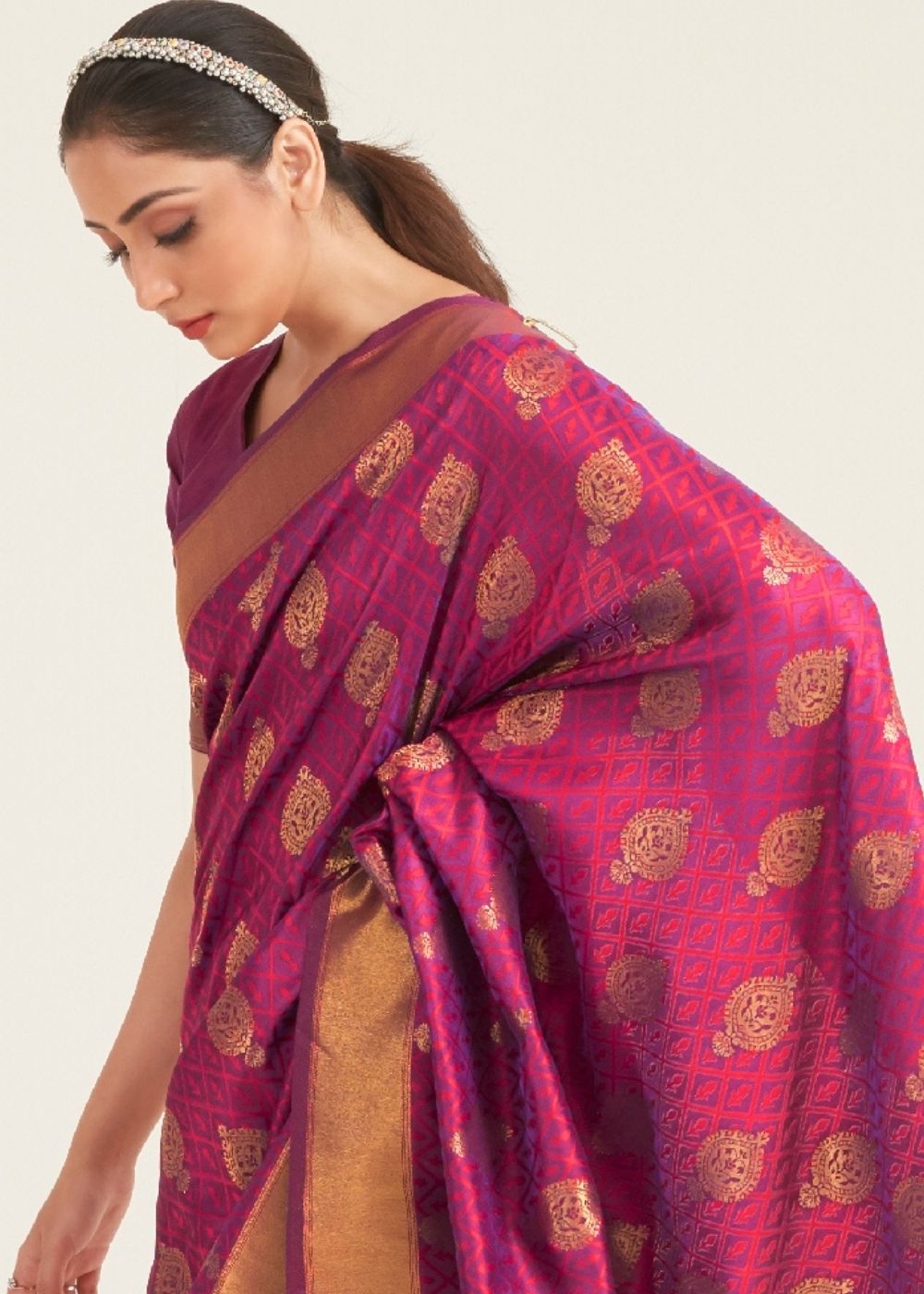 Hibiscus Purple Zari Butta Woven Banasari Silk Saree