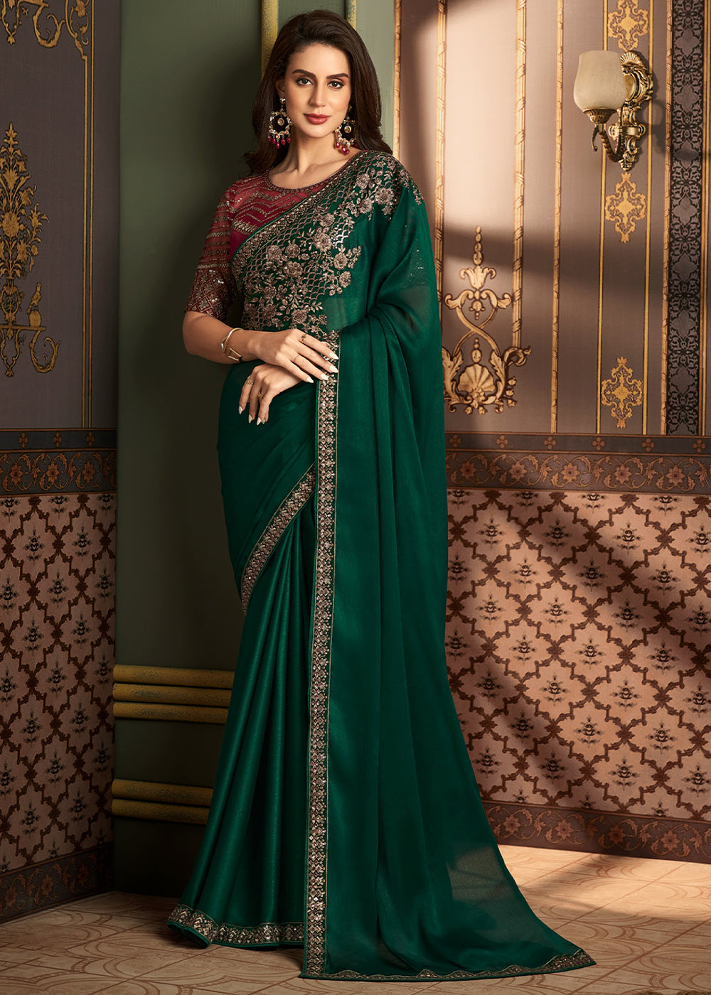 Buy Now Georgette Designer Sarees Green Colored With Pearl Lace Border –  Lady India