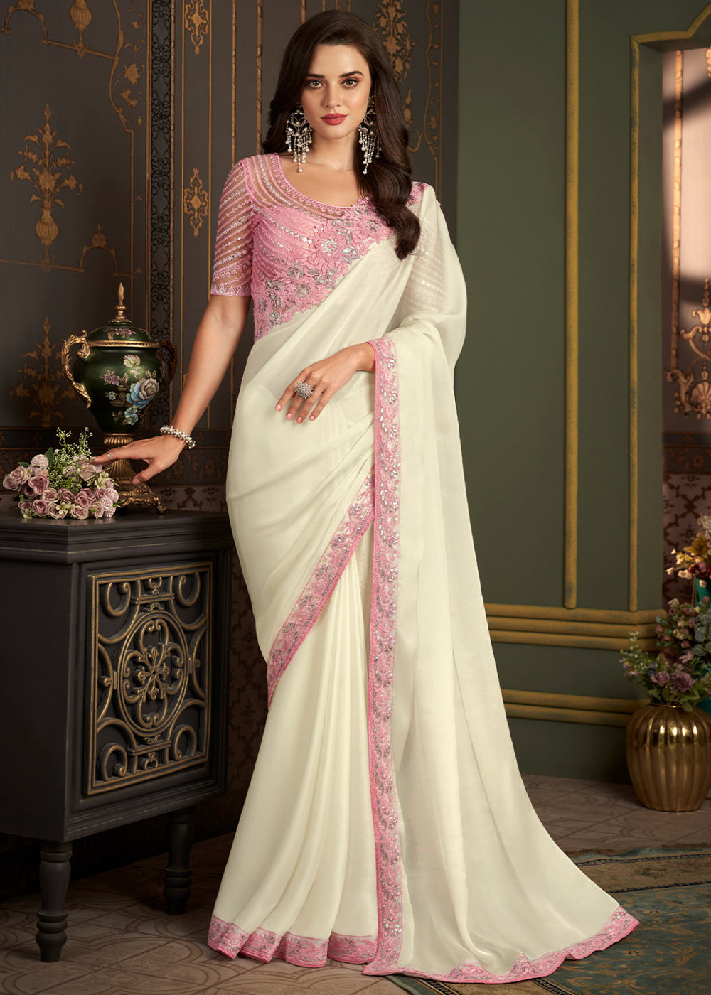 Presenting these very special Pearl white & Baby Pink Banarasi Uppada silk  sarees that epitomizes elegance, adorned with intricate golden... |  Instagram