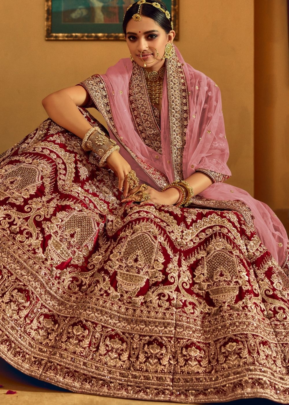 Wine Red Bridal Velvet Lehenga Choli withEmbroidery & Hand work