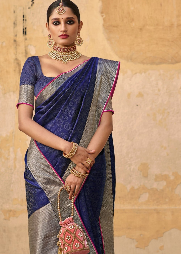 Indigo Blue Jacquard Silk Saree with Zari Border & Pallu