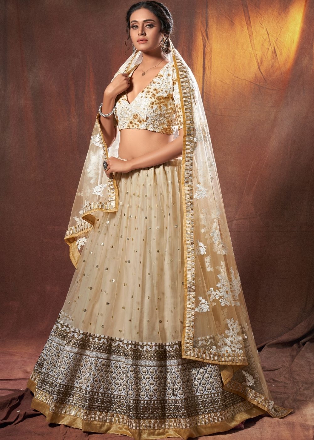 Beige Designer Soft Net Lehenga Choli with Resham, Zari & Sequins work