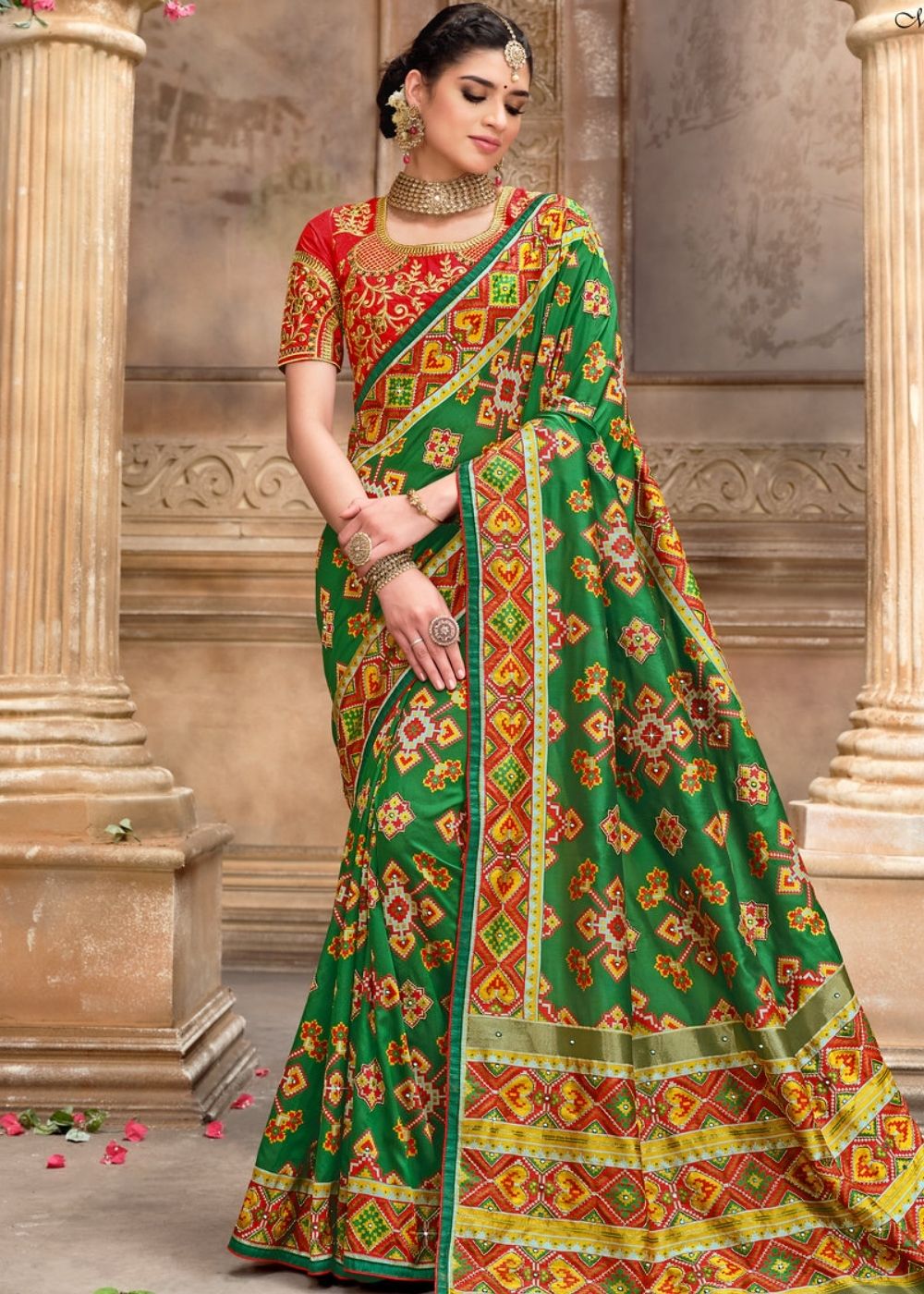 Jade Green Patola Silk Saree with Mirror Khatli and Cut-Dana work – Ethnos