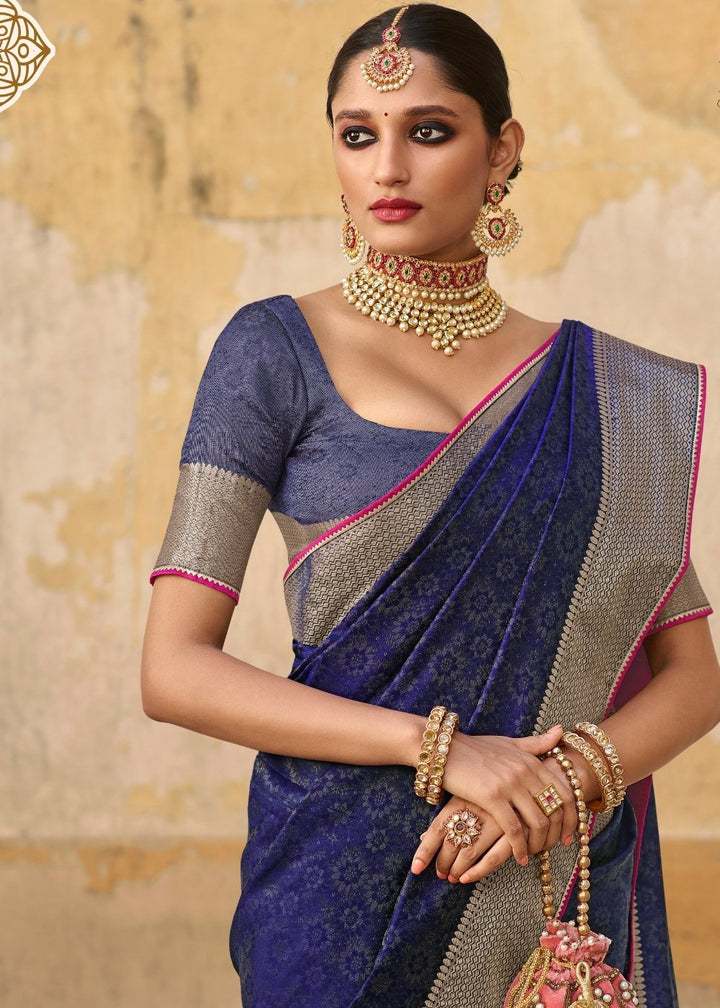 Indigo Blue Jacquard Silk Saree with Zari Border & Pallu