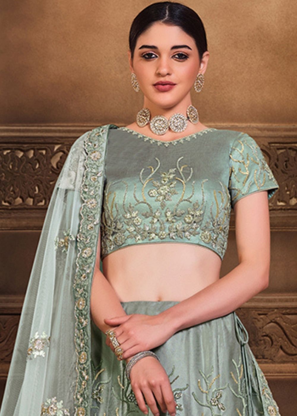 Pewter Grey Satin Silk & Net Lehenga Choli with Sequins, Resham & Swarvoski work