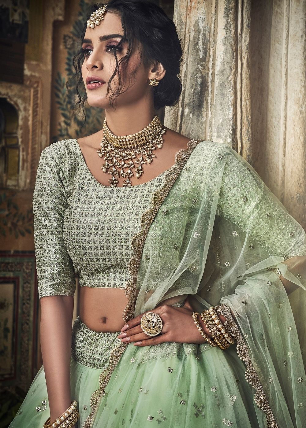 Sea Green Soft Net Lehenga with Sequins & Zari work