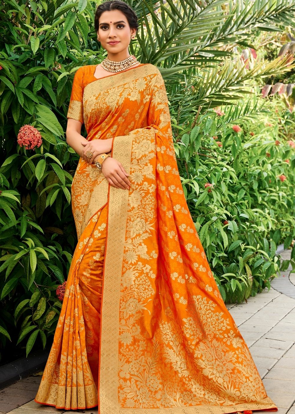 Tangerine Orange Zari Woven Banarasi Silk Saree – Ethnos