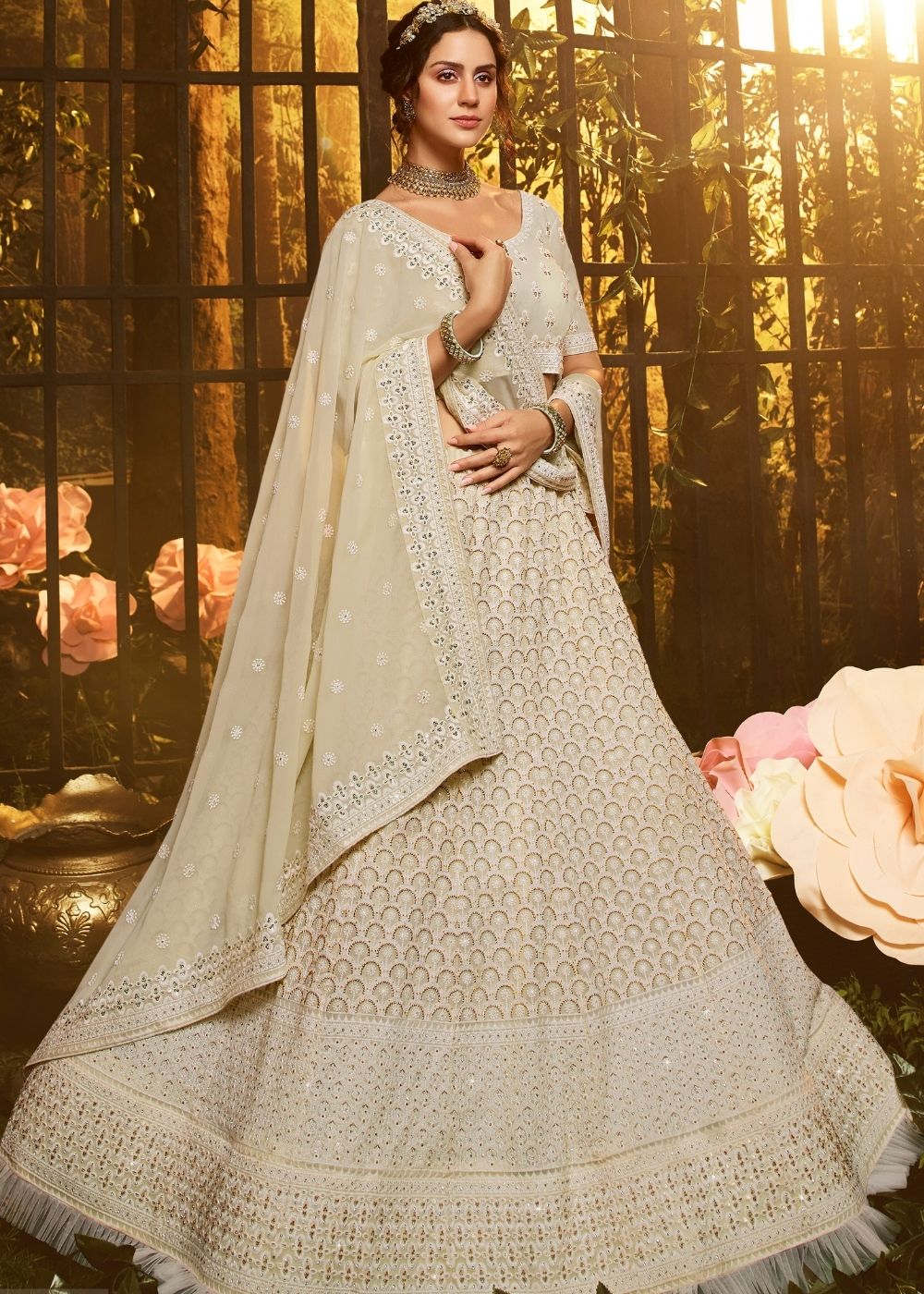 Linen White Georgette Lehenga Choli with Thread, Zari, and Moti work