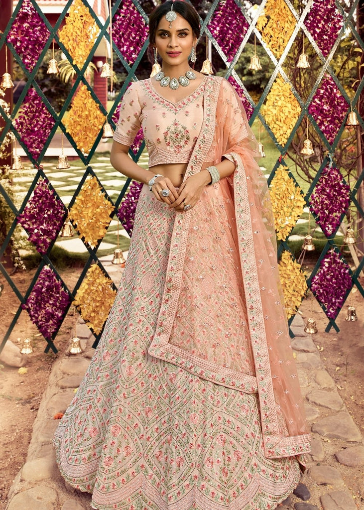 peach Color Wedding Wear panelled Lehenga With Thread And Zarkan Work