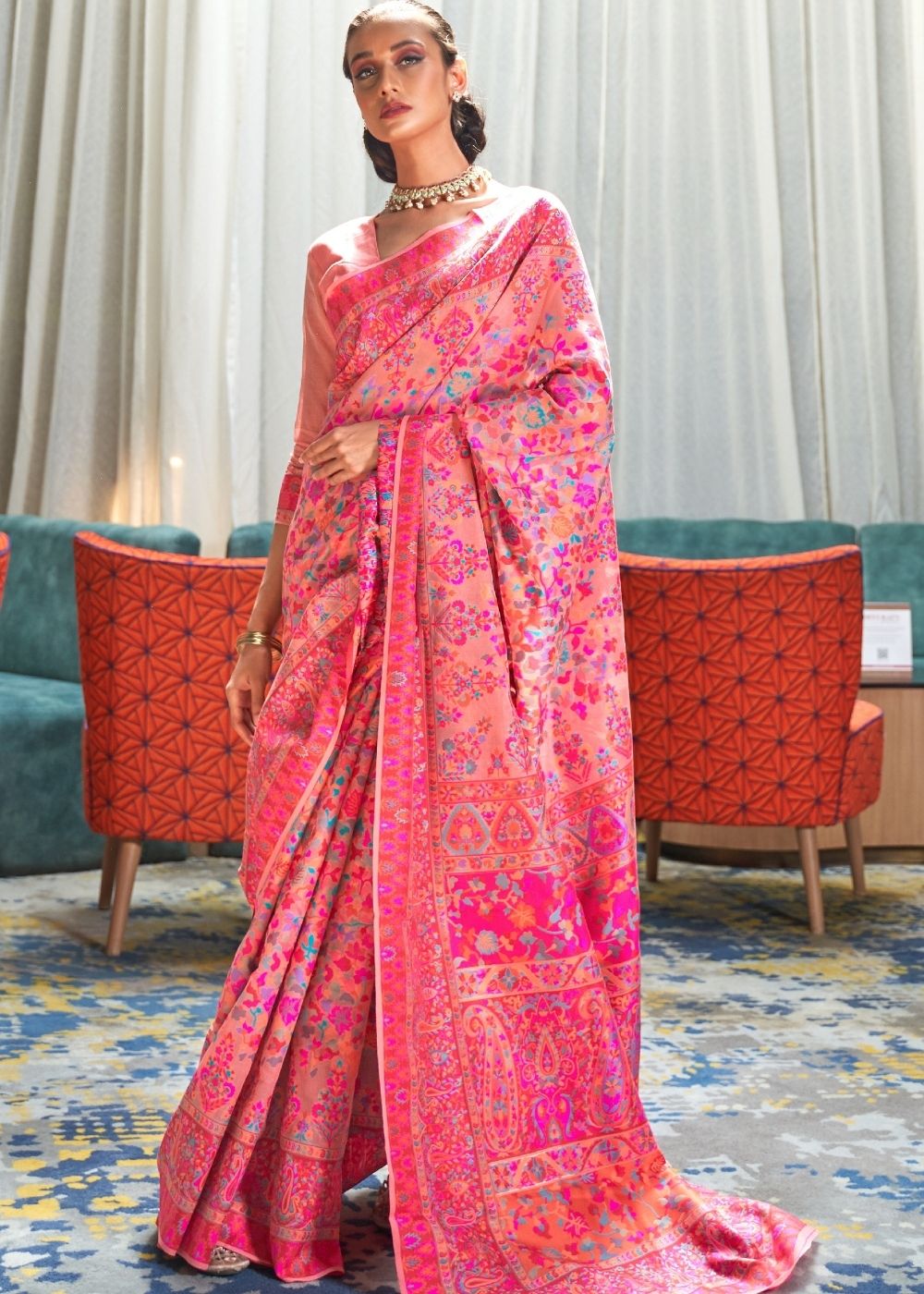 Rouge Pink Banarasi Jamawar Woven Silk Saree – Ethnos