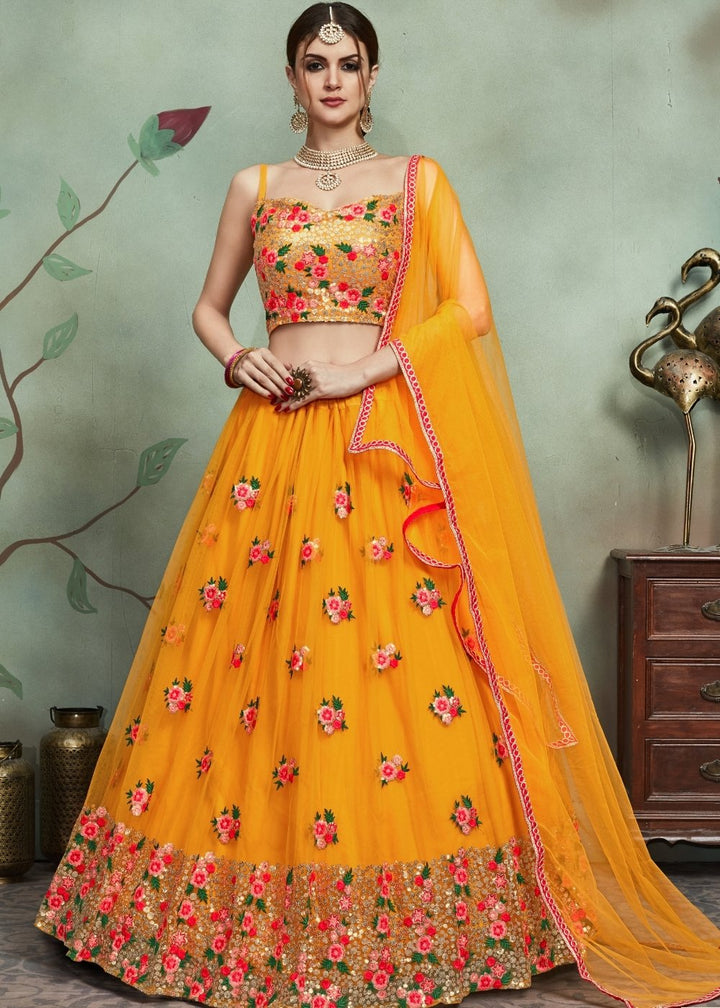 Gold Yellow Designer Soft Net Lehenga Choli with Sequins & Thread work