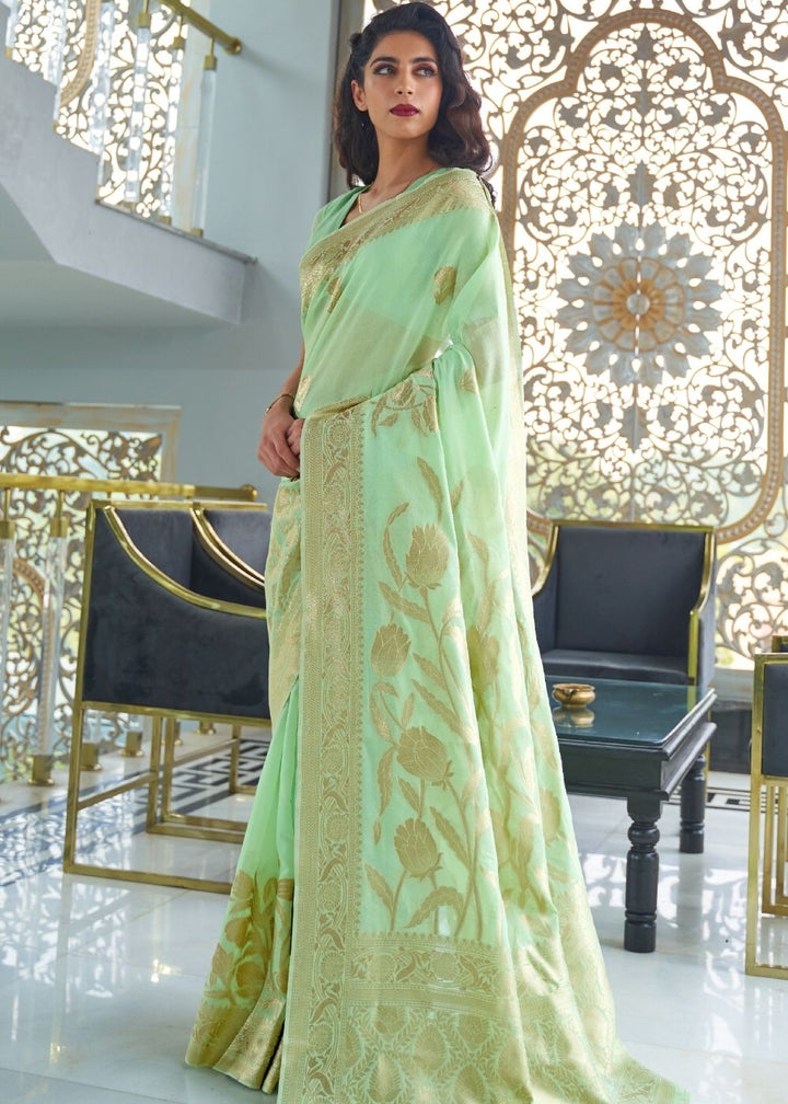 Mint Green Zari Woven Designer Silk Saree – Ethnos