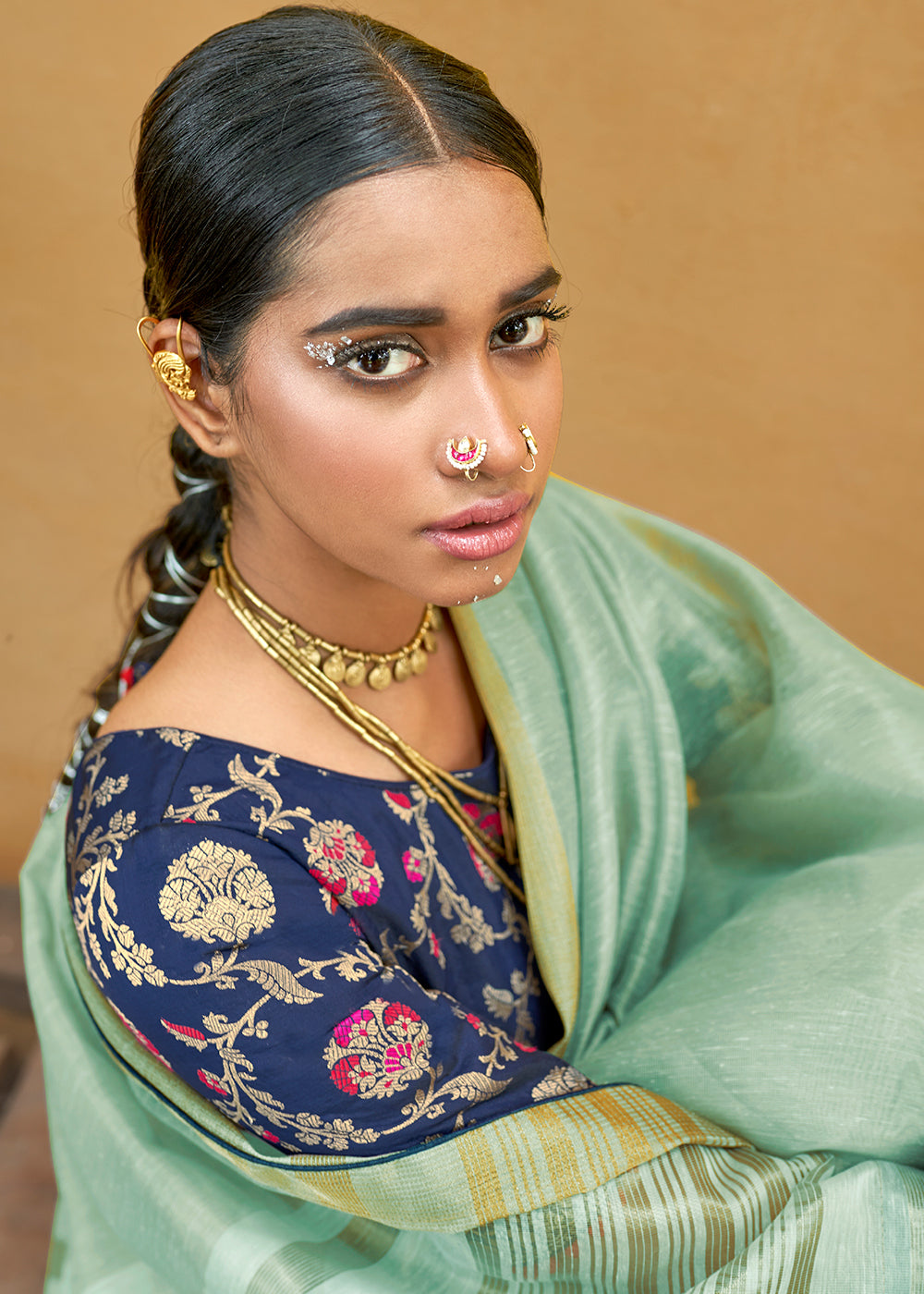 Light Green Soft Tissue Organza Silk Saree with Brocade Blouse