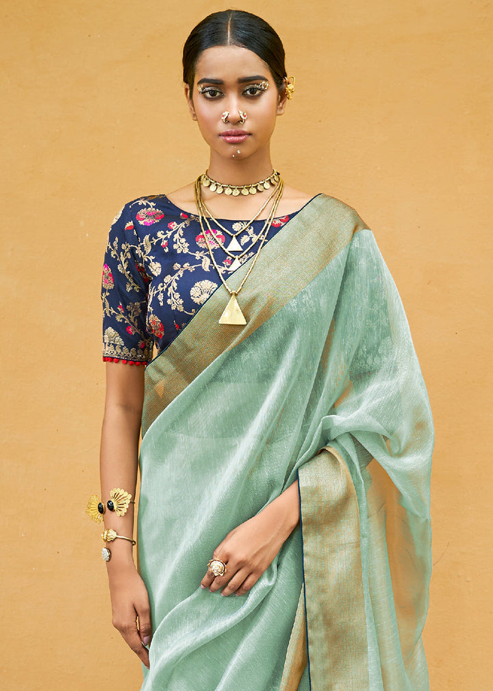 Light Green Soft Tissue Organza Silk Saree with Brocade Blouse