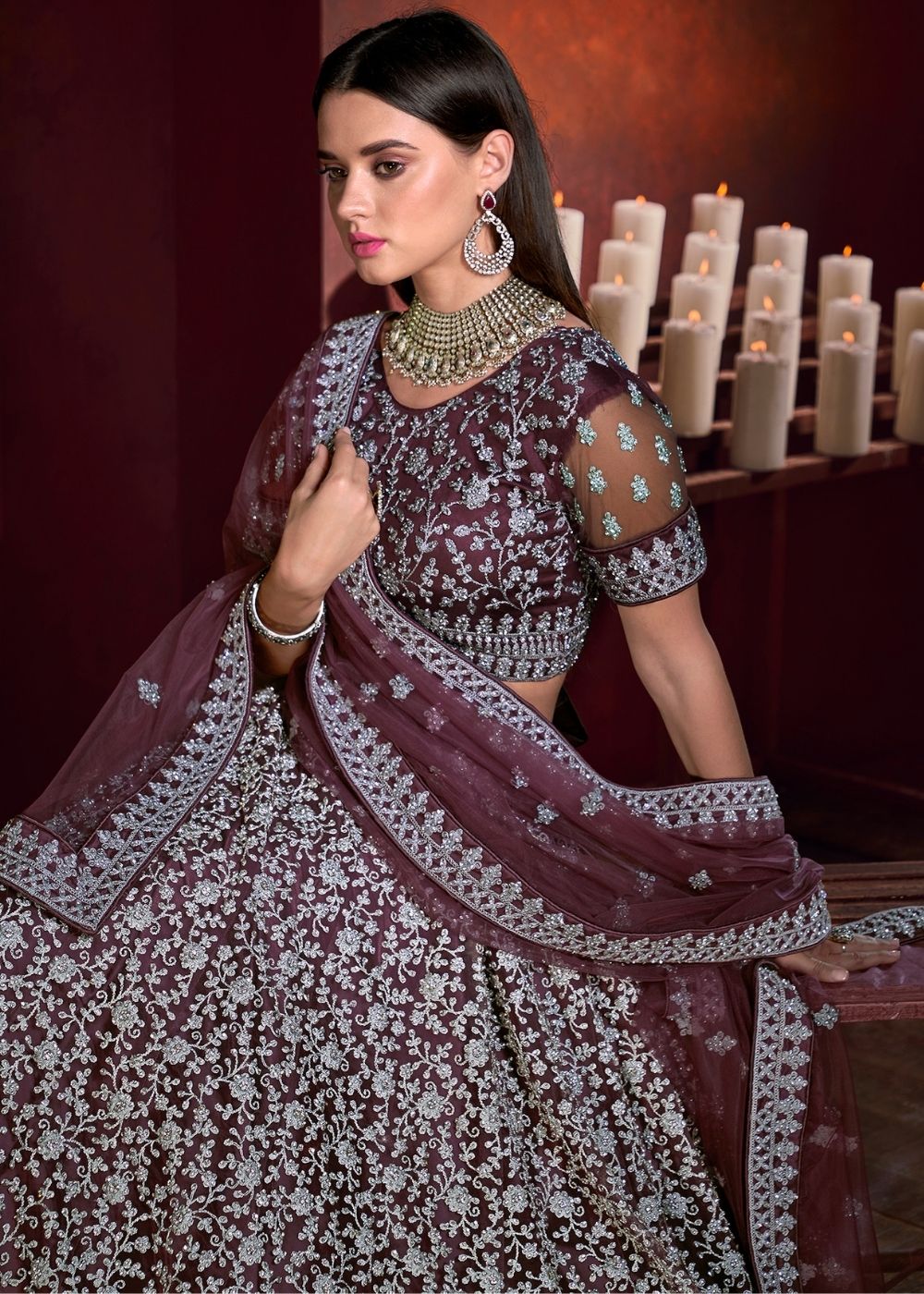 Wine Purple Net Lehenga Choli with Sequence and Zarkan work