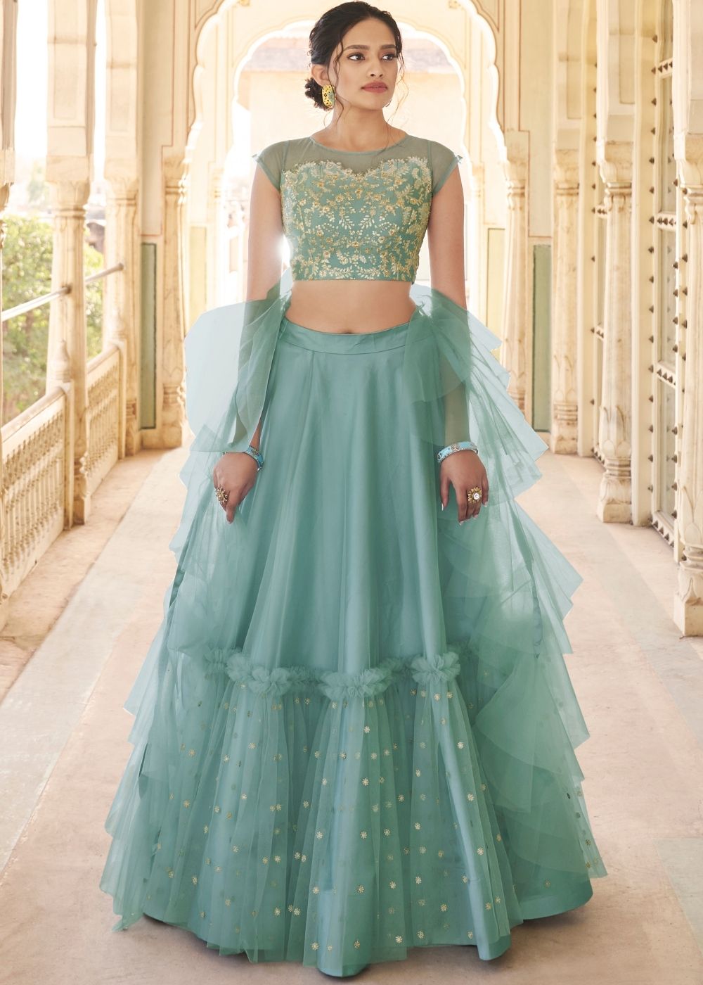 Light Teal Blue Net Frilled Designer Lehenga :Top Pick – Ethnos