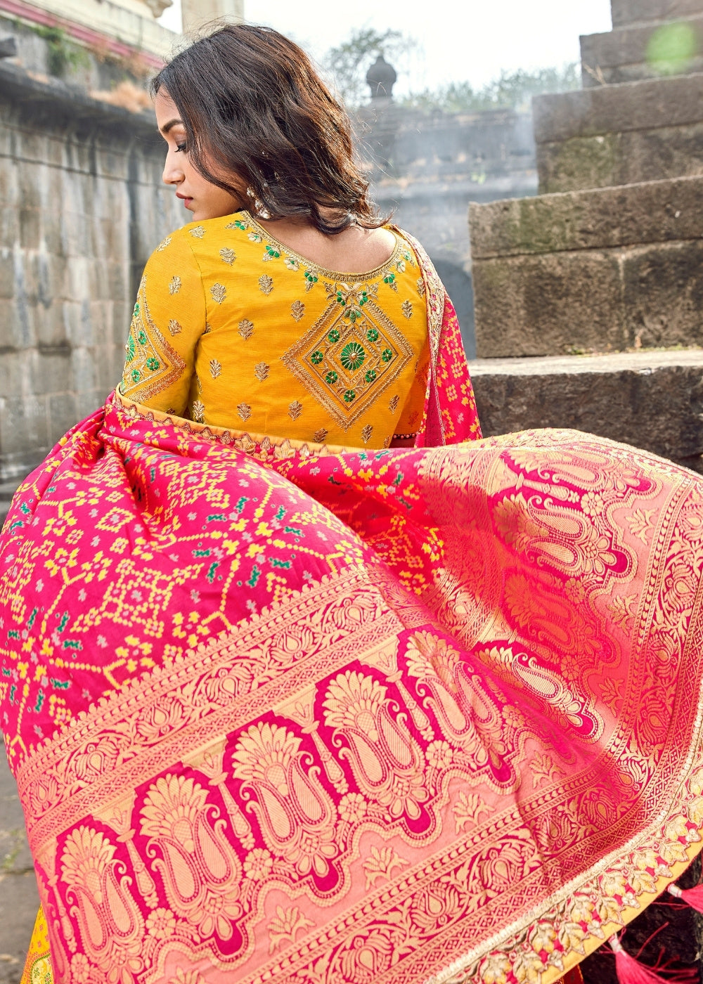 Yellow Banarasi Silk Lehenga With Pink Dupatta