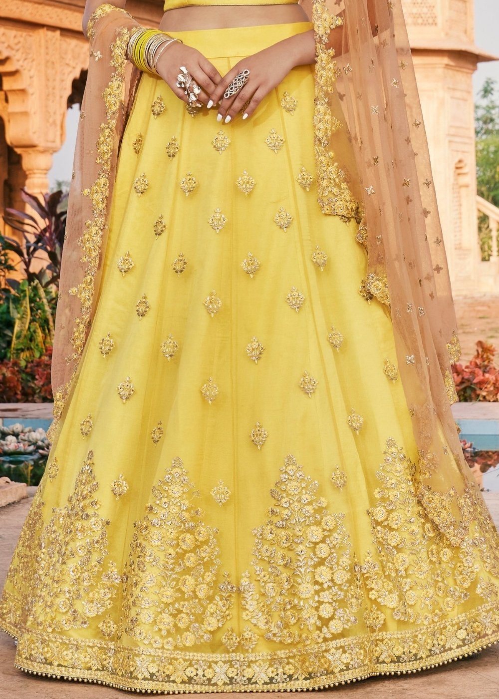 Indian Bridal Mustard Yellow Lehenga Choli With Thread Embro